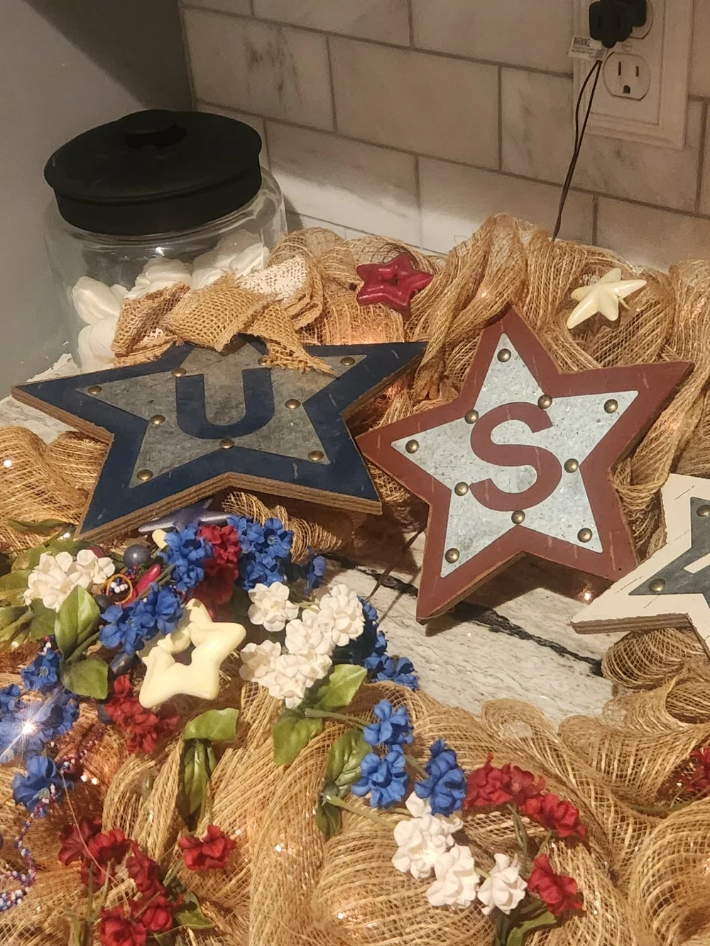 Light Up Patriotic Burlap Wreath with Red, White & Blue Stars. Burlap